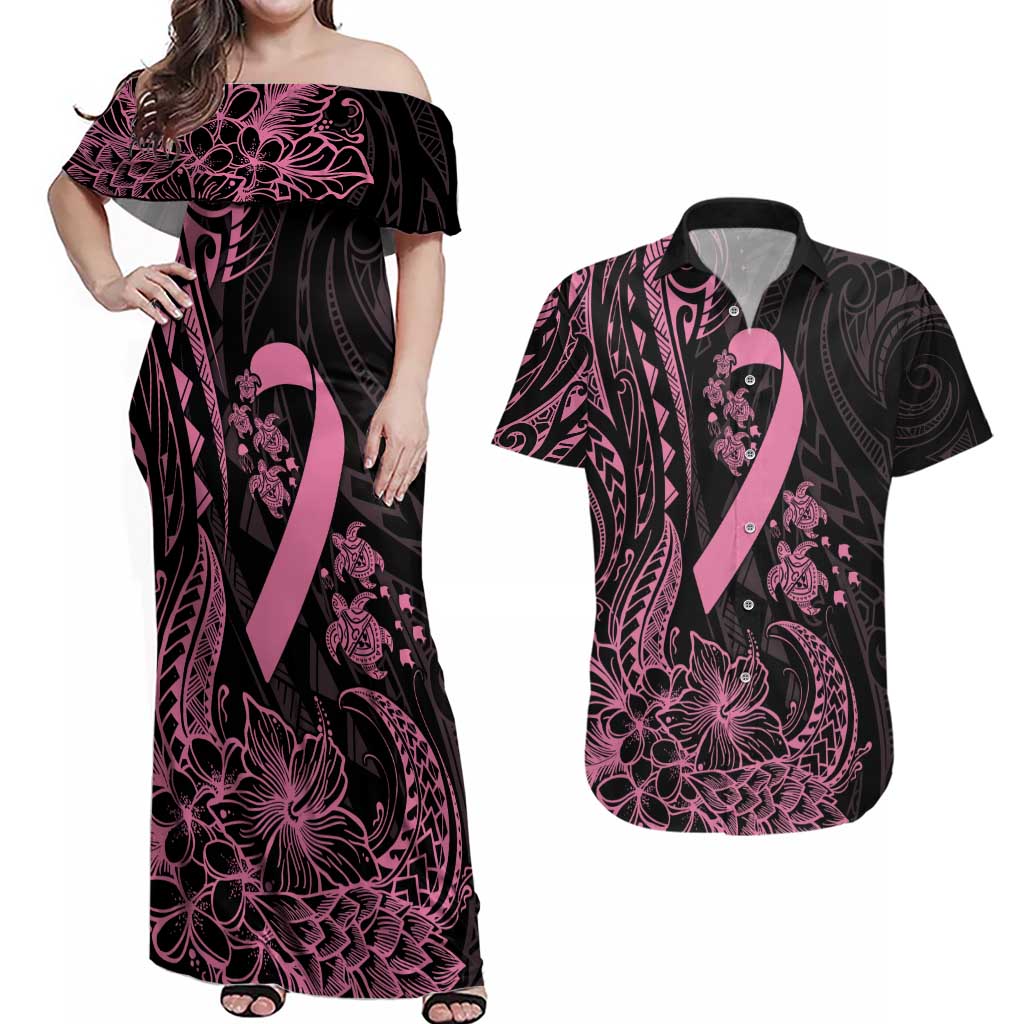 Polynesian Pink Power Couples Matching Off Shoulder Maxi Dress and Hawaiian Shirt Breast Cancer Ribbon Turtle and Flowers LT7 Pink - Polynesian Pride