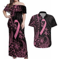 Polynesian Pink Power Couples Matching Off Shoulder Maxi Dress and Hawaiian Shirt Breast Cancer Ribbon Turtle and Flowers LT7 Pink - Polynesian Pride