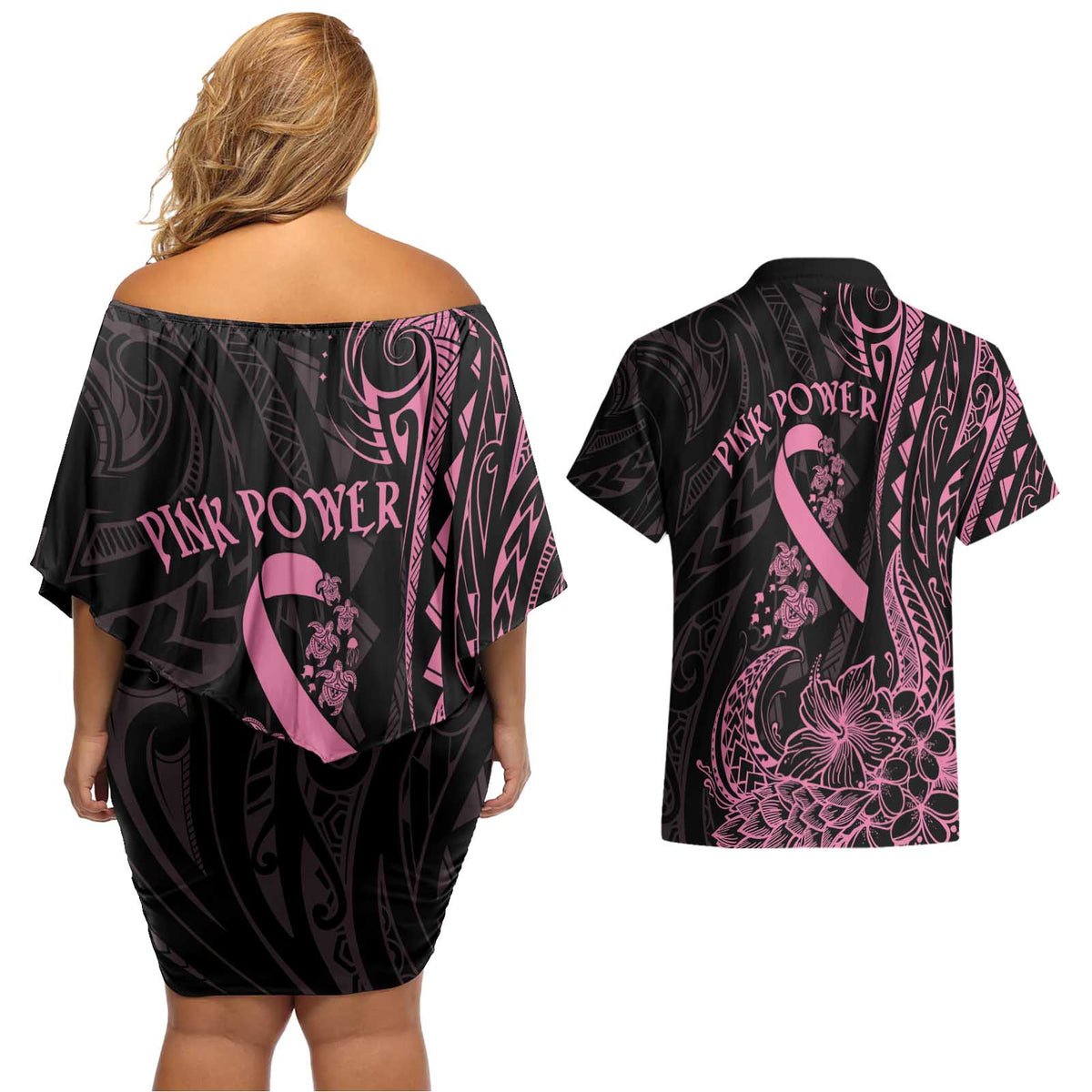 Polynesian Pink Power Couples Matching Off Shoulder Short Dress and Hawaiian Shirt Breast Cancer Ribbon Turtle and Flowers LT7 - Polynesian Pride