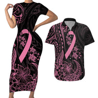 Polynesian Pink Power Couples Matching Short Sleeve Bodycon Dress and Hawaiian Shirt Breast Cancer Ribbon Turtle and Flowers LT7 Pink - Polynesian Pride