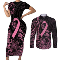 Polynesian Pink Power Couples Matching Short Sleeve Bodycon Dress and Long Sleeve Button Shirt Breast Cancer Ribbon Turtle and Flowers LT7 Pink - Polynesian Pride