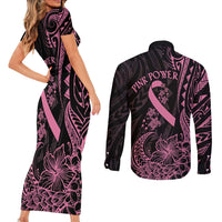 Polynesian Pink Power Couples Matching Short Sleeve Bodycon Dress and Long Sleeve Button Shirt Breast Cancer Ribbon Turtle and Flowers LT7 - Polynesian Pride
