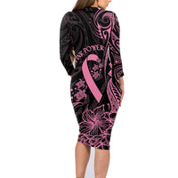 Polynesian Pink Power Family Matching Long Sleeve Bodycon Dress and Hawaiian Shirt Breast Cancer Ribbon Turtle and Flowers LT7 - Polynesian Pride