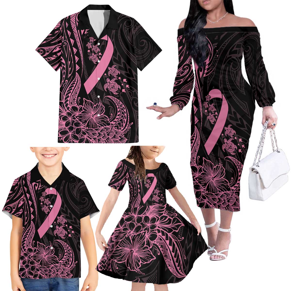 Polynesian Pink Power Family Matching Off The Shoulder Long Sleeve Dress and Hawaiian Shirt Breast Cancer Ribbon Turtle and Flowers LT7 - Polynesian Pride