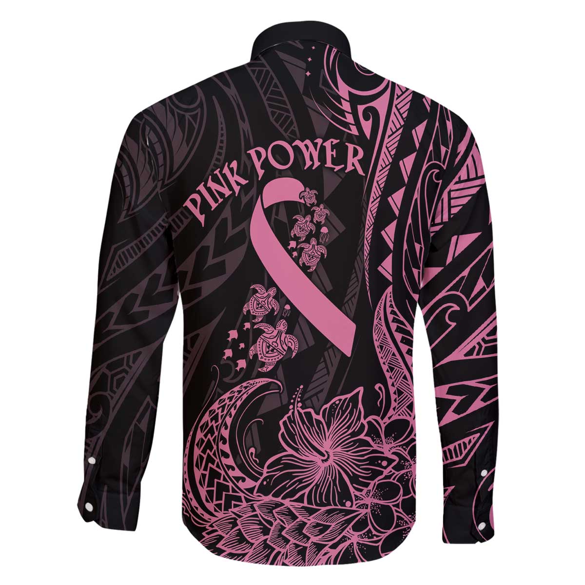 Polynesian Pink Power Family Matching Off The Shoulder Long Sleeve Dress and Hawaiian Shirt Breast Cancer Ribbon Turtle and Flowers LT7 - Polynesian Pride