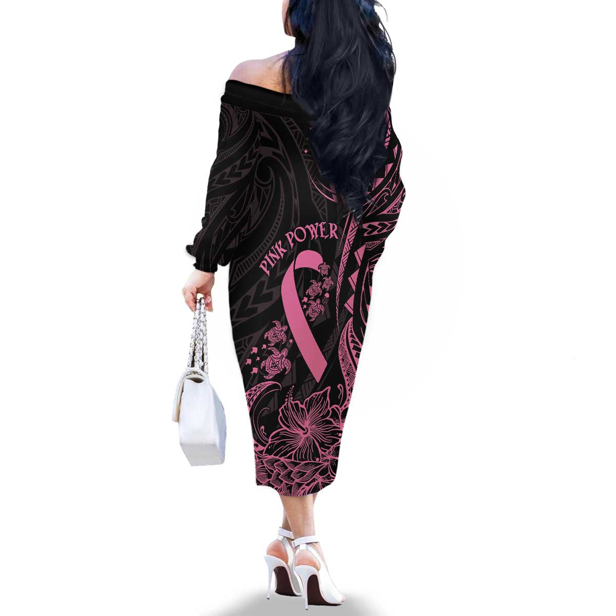 Polynesian Pink Power Family Matching Off The Shoulder Long Sleeve Dress and Hawaiian Shirt Breast Cancer Ribbon Turtle and Flowers LT7 - Polynesian Pride