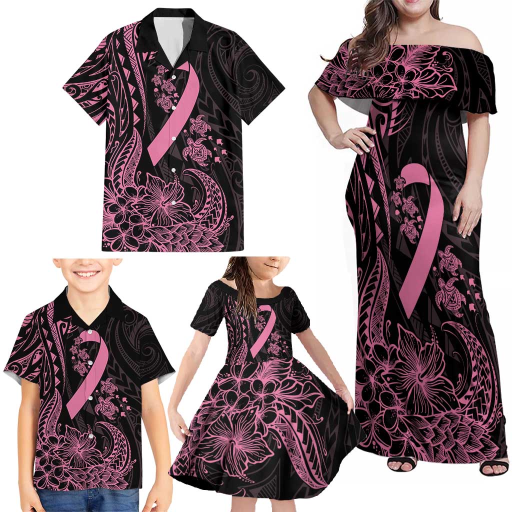 Polynesian Pink Power Family Matching Off Shoulder Maxi Dress and Hawaiian Shirt Breast Cancer Ribbon Turtle and Flowers LT7 - Polynesian Pride