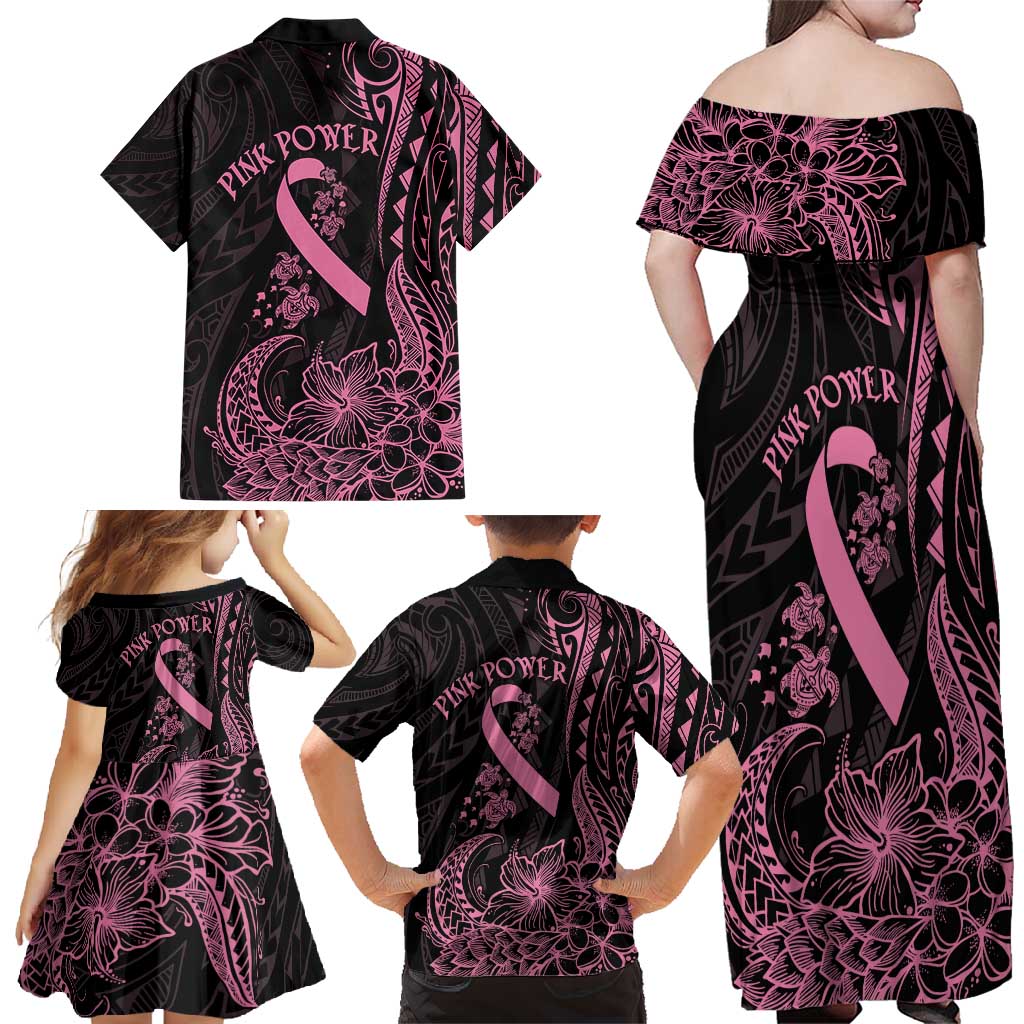 Polynesian Pink Power Family Matching Off Shoulder Maxi Dress and Hawaiian Shirt Breast Cancer Ribbon Turtle and Flowers LT7 - Polynesian Pride
