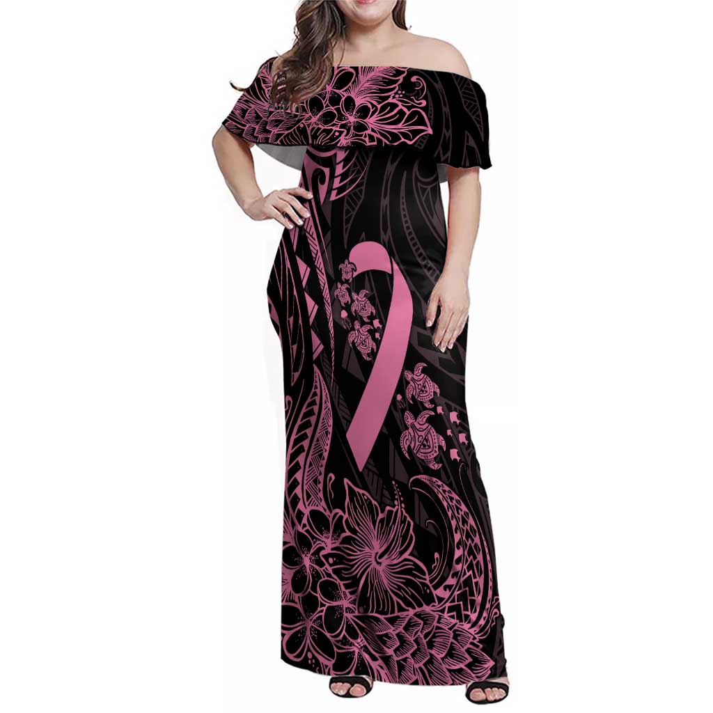 Polynesian Pink Power Family Matching Off Shoulder Maxi Dress and Hawaiian Shirt Breast Cancer Ribbon Turtle and Flowers LT7 Mom's Dress Pink - Polynesian Pride
