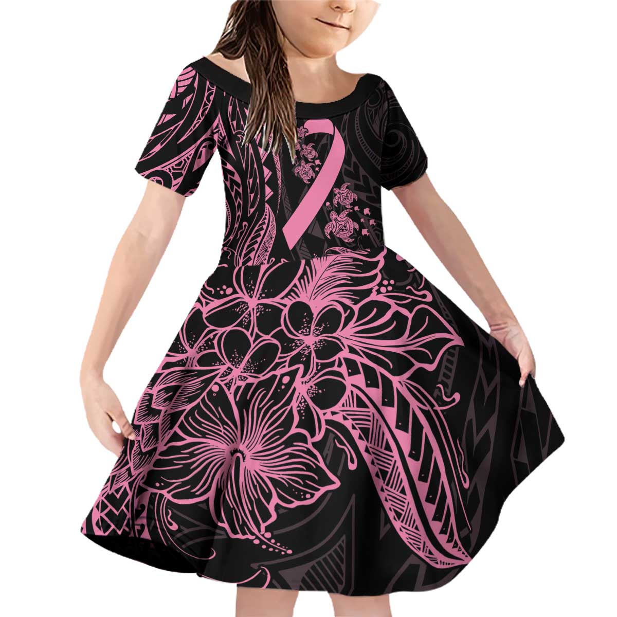 Polynesian Pink Power Family Matching Off Shoulder Short Dress and Hawaiian Shirt Breast Cancer Ribbon Turtle and Flowers LT7 Daughter's Dress Pink - Polynesian Pride