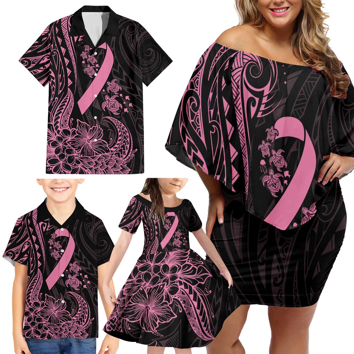 Polynesian Pink Power Family Matching Off Shoulder Short Dress and Hawaiian Shirt Breast Cancer Ribbon Turtle and Flowers LT7 - Polynesian Pride