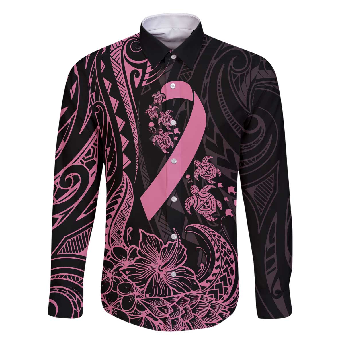 Polynesian Pink Power Family Matching Off Shoulder Short Dress and Hawaiian Shirt Breast Cancer Ribbon Turtle and Flowers LT7 Dad's Shirt - Long Sleeve Pink - Polynesian Pride