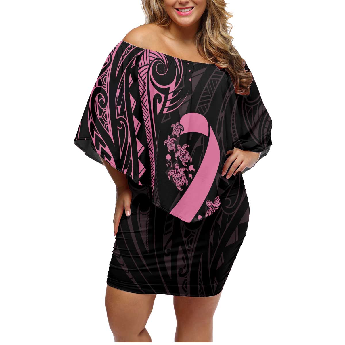Polynesian Pink Power Family Matching Off Shoulder Short Dress and Hawaiian Shirt Breast Cancer Ribbon Turtle and Flowers LT7 Mom's Dress Pink - Polynesian Pride