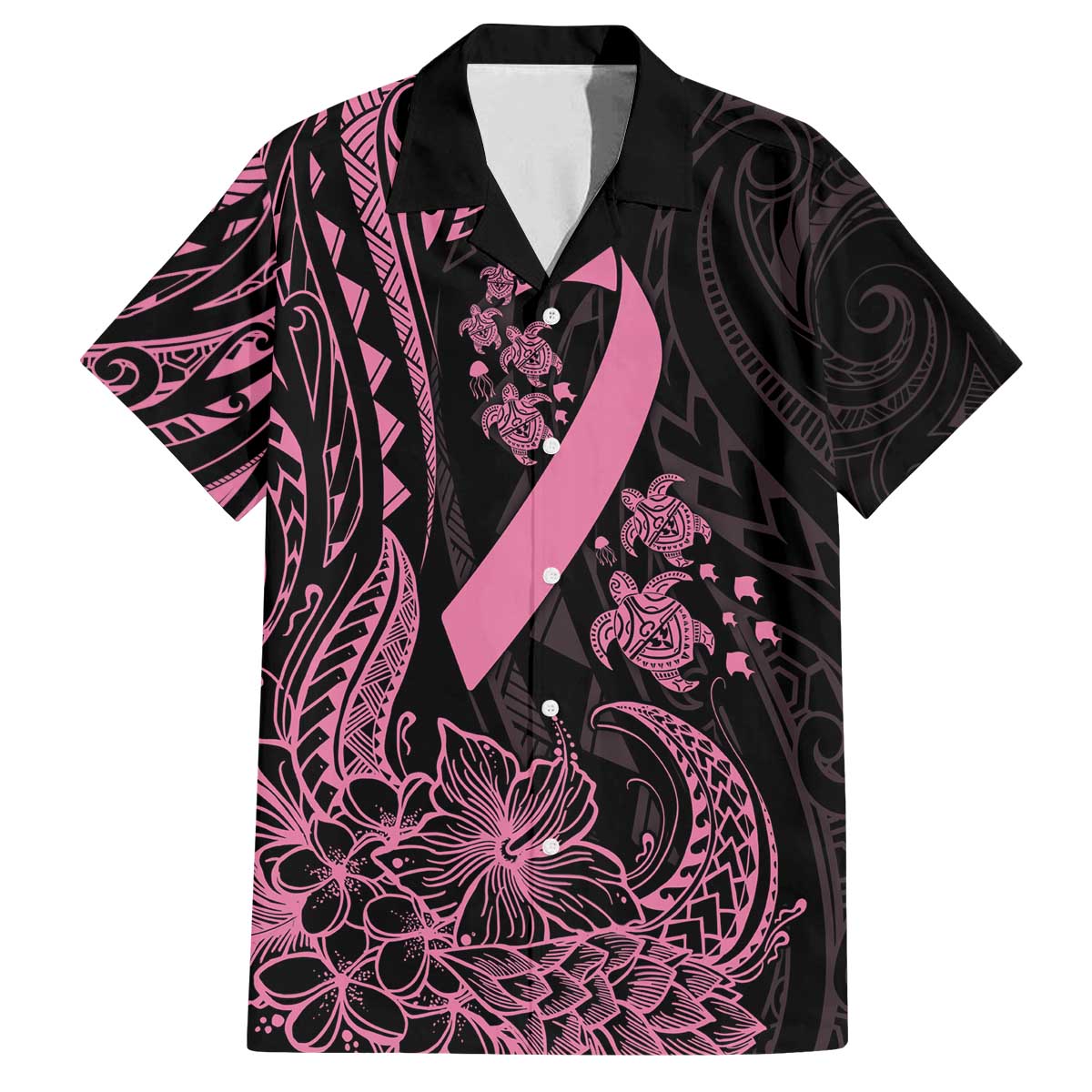 Polynesian Pink Power Family Matching Puletasi and Hawaiian Shirt Breast Cancer Ribbon Turtle and Flowers LT7 Dad's Shirt - Short Sleeve Pink - Polynesian Pride