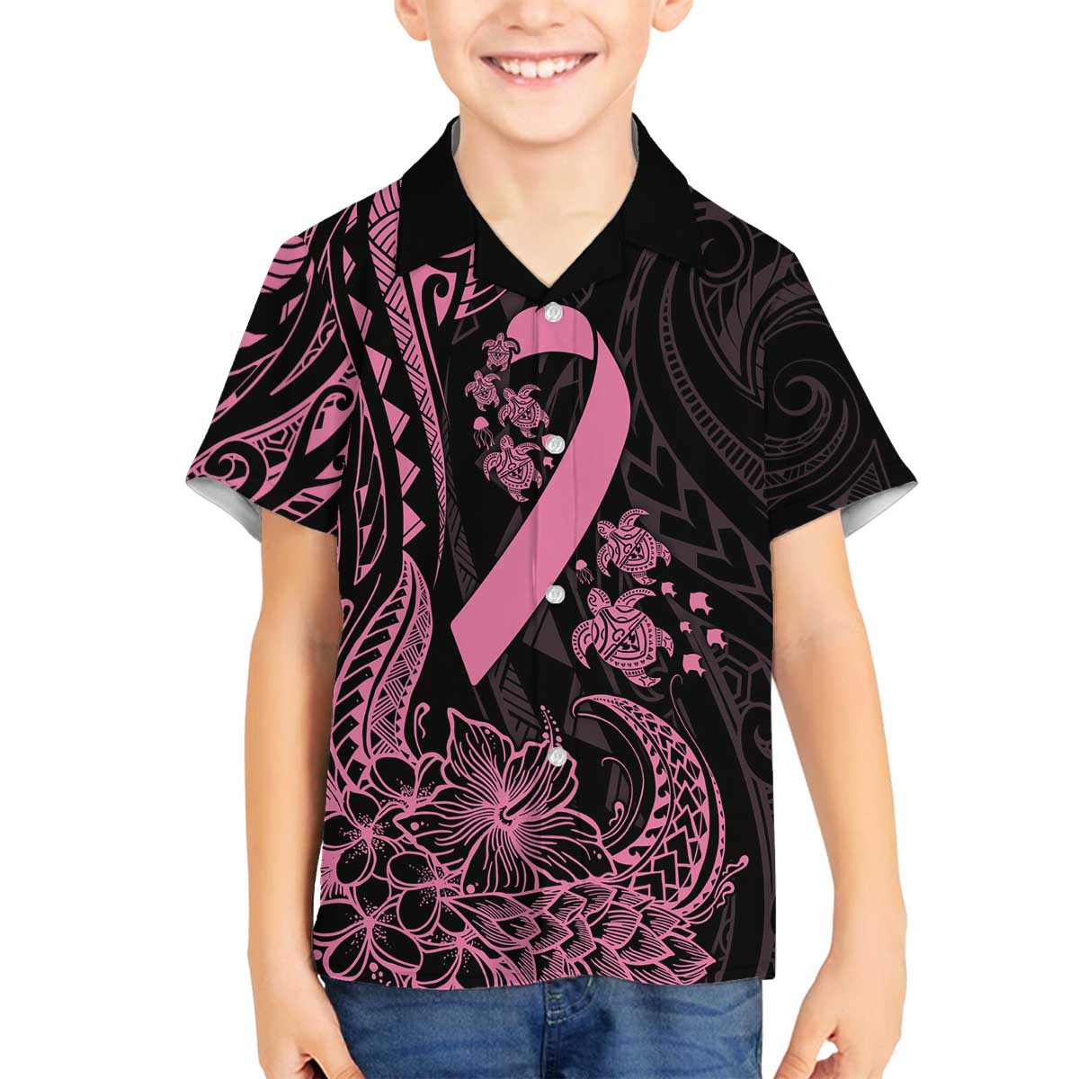 Polynesian Pink Power Family Matching Puletasi and Hawaiian Shirt Breast Cancer Ribbon Turtle and Flowers LT7 Son's Shirt Pink - Polynesian Pride