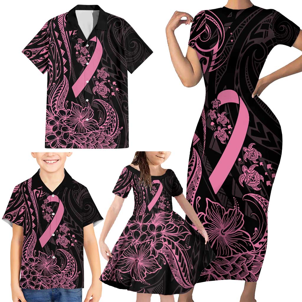 Polynesian Pink Power Family Matching Short Sleeve Bodycon Dress and Hawaiian Shirt Breast Cancer Ribbon Turtle and Flowers LT7 - Polynesian Pride