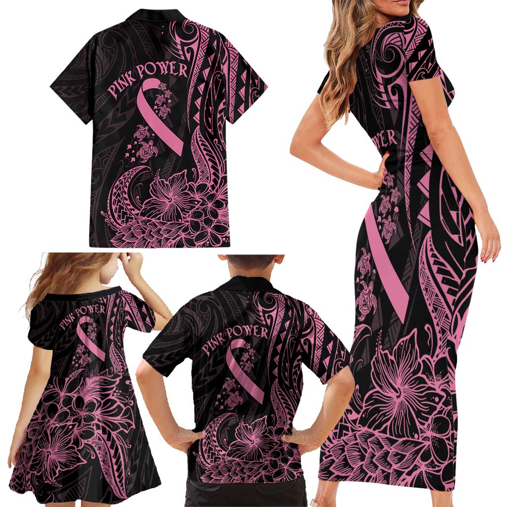 Polynesian Pink Power Family Matching Short Sleeve Bodycon Dress and Hawaiian Shirt Breast Cancer Ribbon Turtle and Flowers LT7 - Polynesian Pride