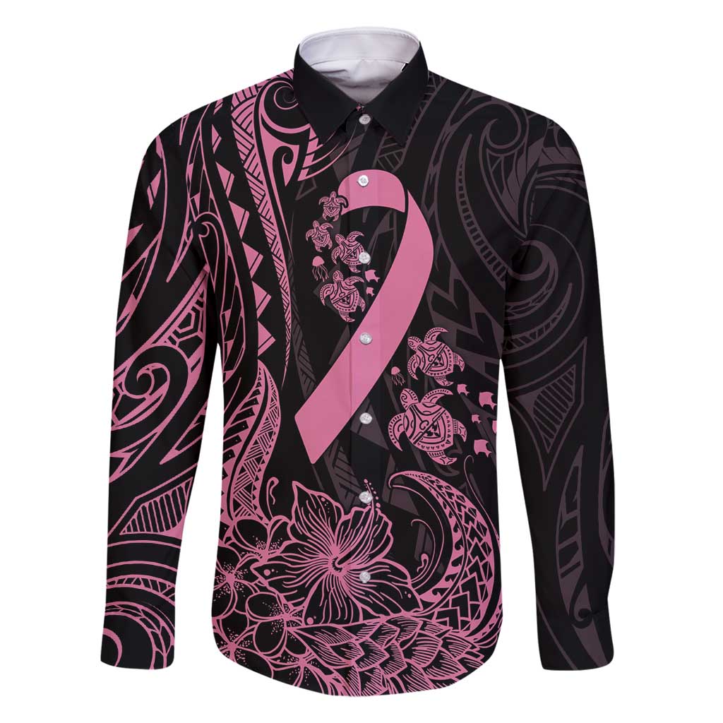 Polynesian Pink Power Family Matching Tank Maxi Dress and Hawaiian Shirt Breast Cancer Ribbon Turtle and Flowers LT7 Dad's Shirt - Long Sleeve Pink - Polynesian Pride