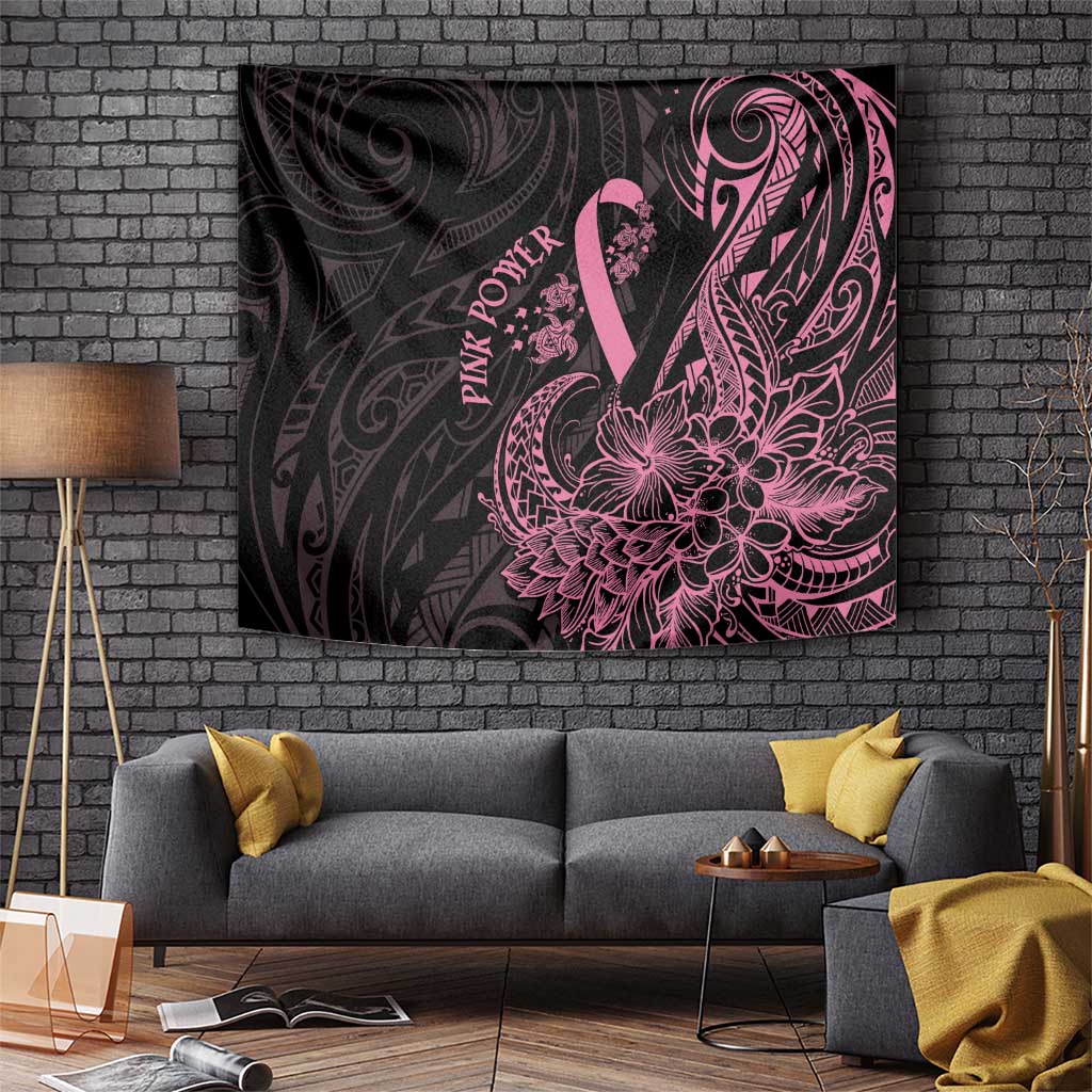 Polynesian Pink Power Tapestry Breast Cancer Ribbon Turtle and Flowers
