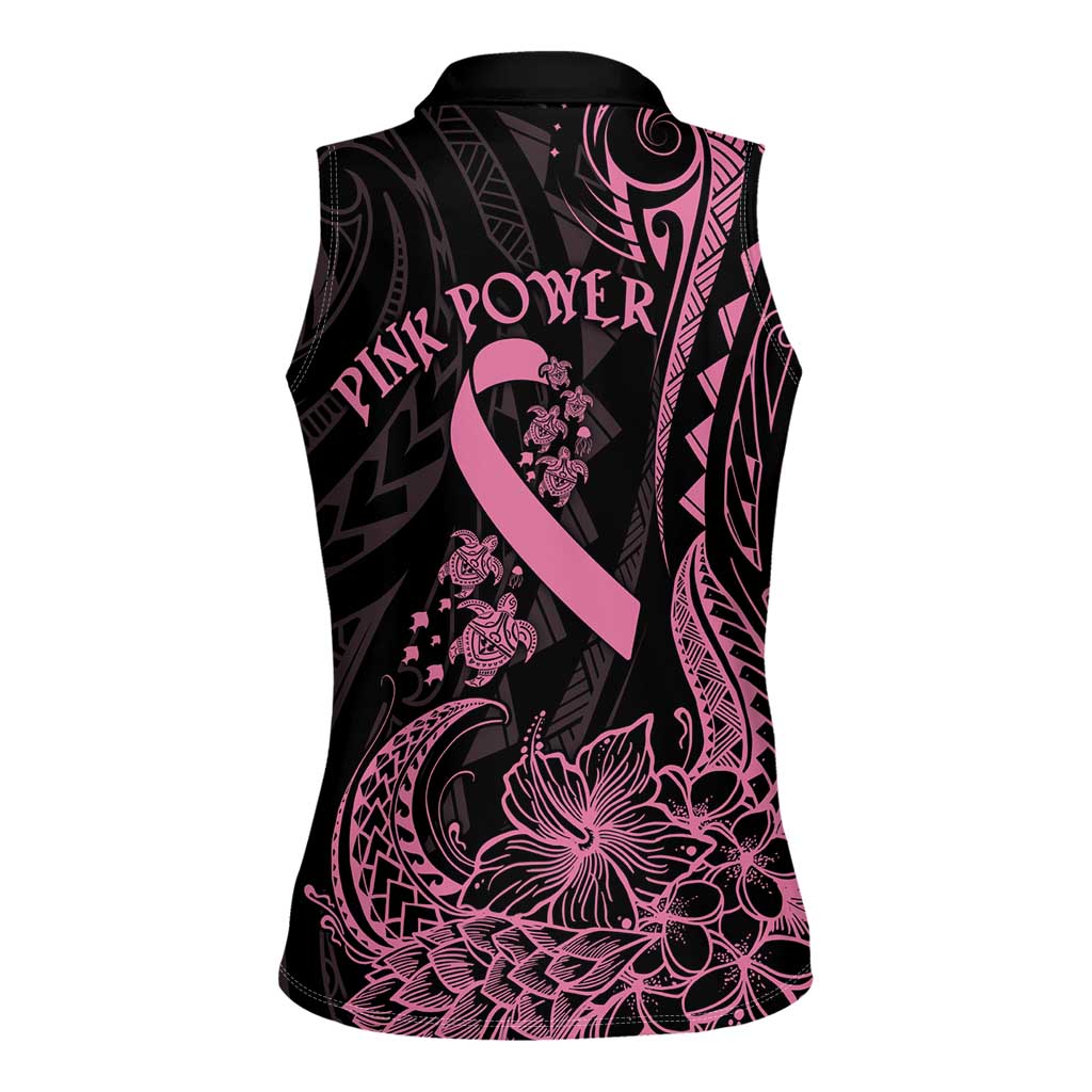 Polynesian Pink Power Women Sleeveless Polo Shirt Breast Cancer Ribbon Turtle and Flowers