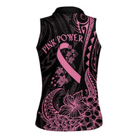 Polynesian Pink Power Women Sleeveless Polo Shirt Breast Cancer Ribbon Turtle and Flowers