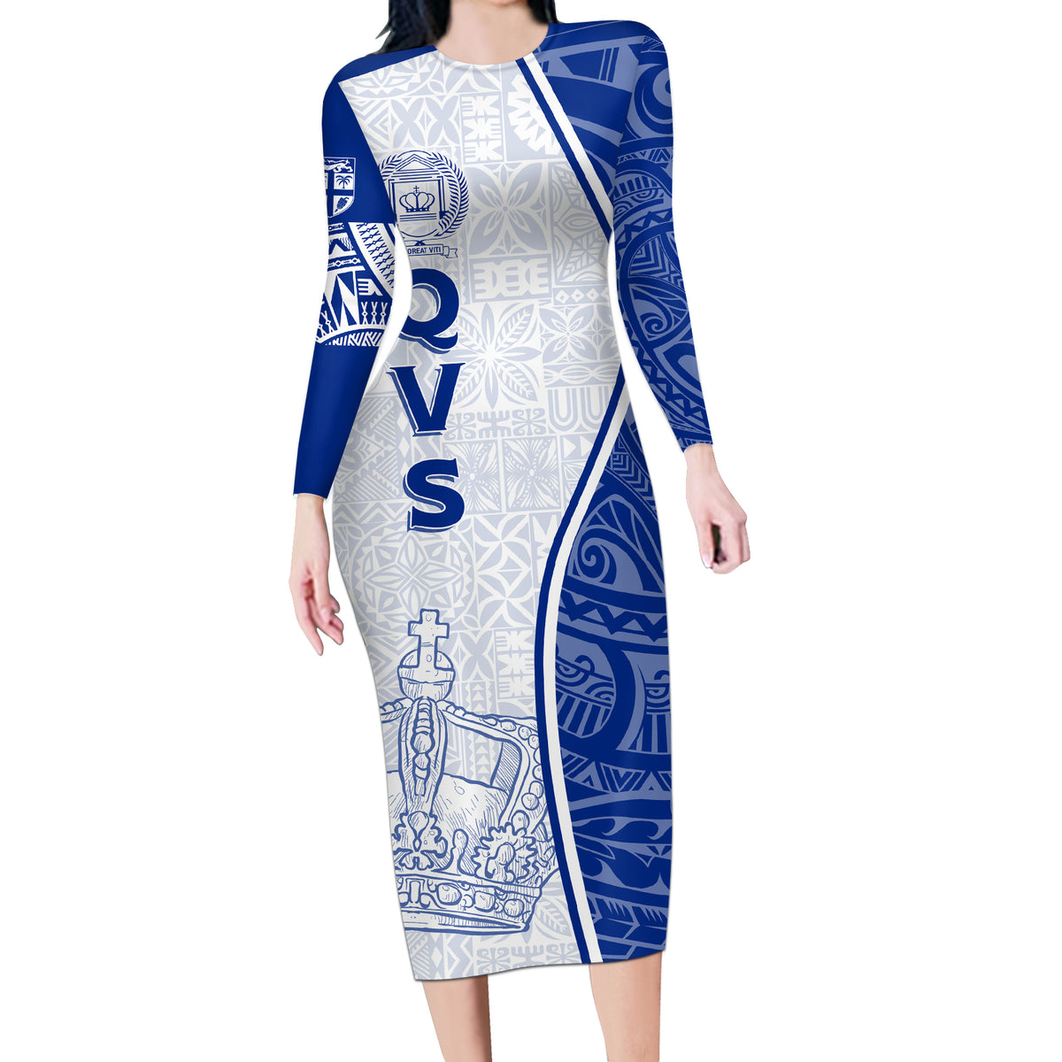 Personalised Queen Victoria School Long Sleeve Bodycon Dress QVS Old Boys LT7 Long Dress White - Polynesian Pride