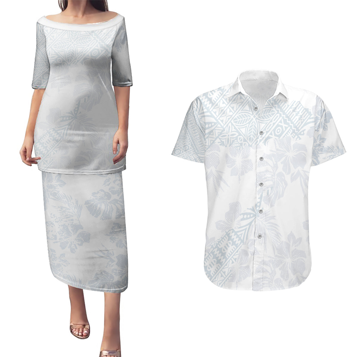 Samoa White Sunday Couples Matching Puletasi Dress and Hawaiian Shirt Hibiscus Special LT7 White - Polynesian Pride