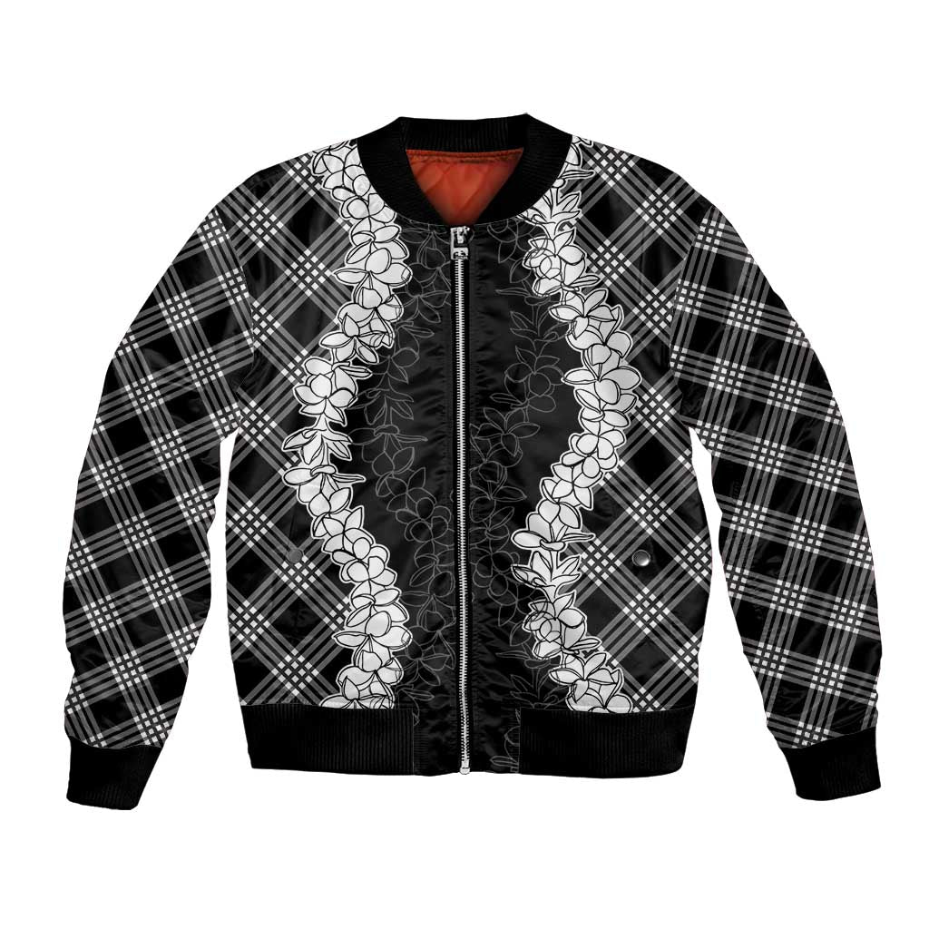 Hawaii Aloha Plumeria Lei Black Palaka Bomber Jacket - Polynesian Pride