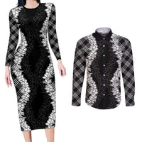 Hawaii Aloha Plumeria Lei Black Palaka Couples Matching Long Sleeve Bodycon Dress and Long Sleeve Button Shirt - Polynesian Pride