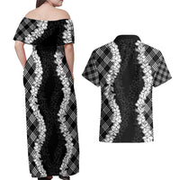 Hawaii Aloha Plumeria Lei Black Palaka Couples Matching Off Shoulder Maxi Dress and Hawaiian Shirt - Polynesian Pride