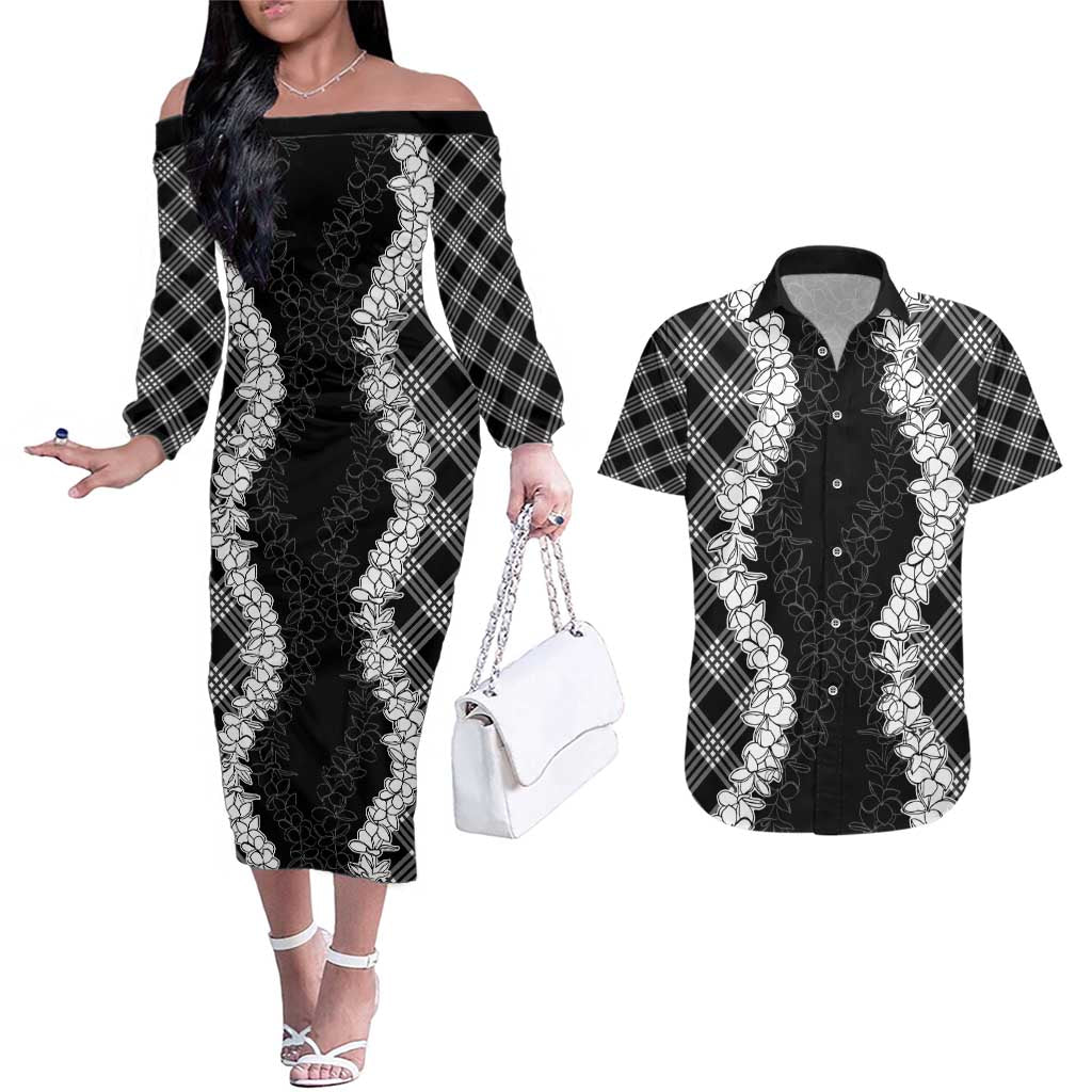 Hawaii Aloha Plumeria Lei Black Palaka Couples Matching Off The Shoulder Long Sleeve Dress and Hawaiian Shirt LT7 Black - Polynesian Pride
