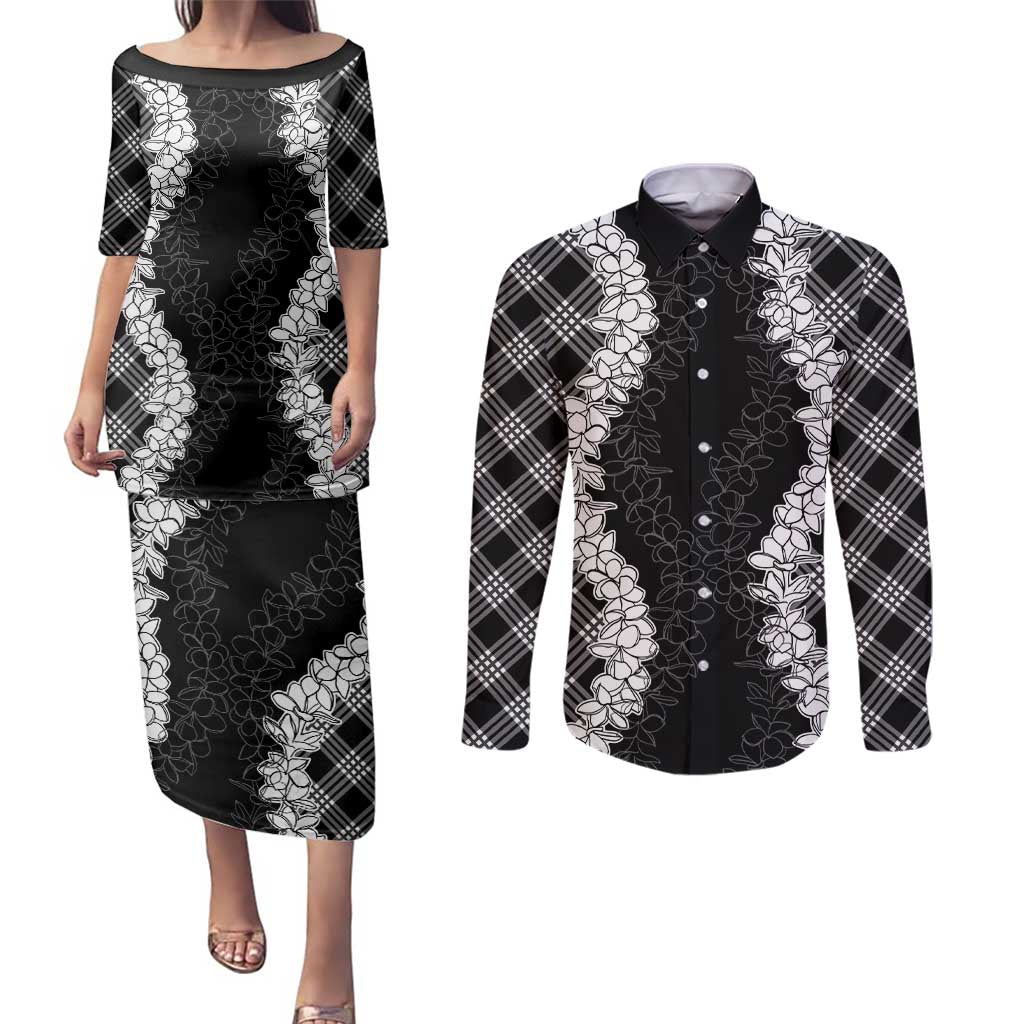 Hawaii Aloha Plumeria Lei Black Palaka Couples Matching Puletasi and Long Sleeve Button Shirt - Polynesian Pride