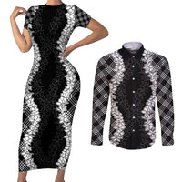 Hawaii Aloha Plumeria Lei Black Palaka Couples Matching Short Sleeve Bodycon Dress and Long Sleeve Button Shirt - Polynesian Pride