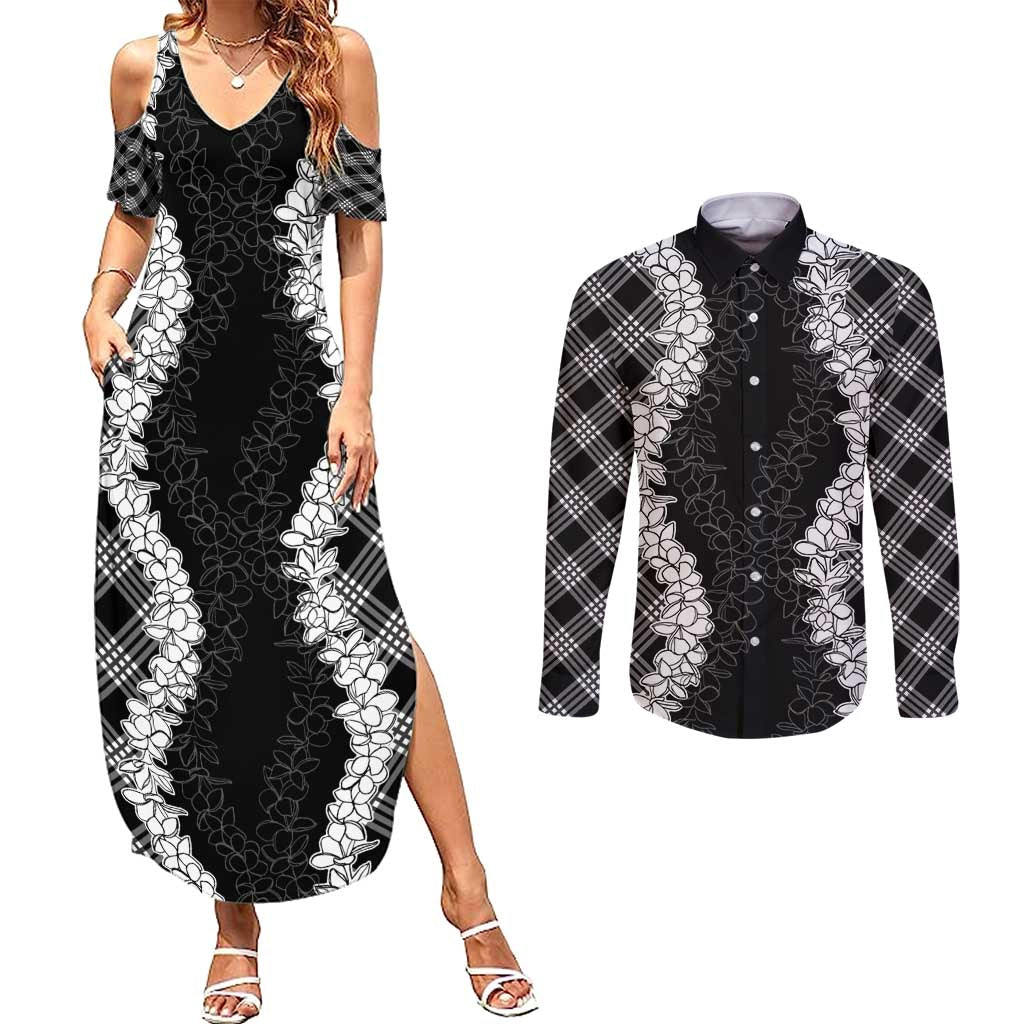 Hawaii Aloha Plumeria Lei Black Palaka Couples Matching Summer Maxi Dress and Long Sleeve Button Shirt - Polynesian Pride