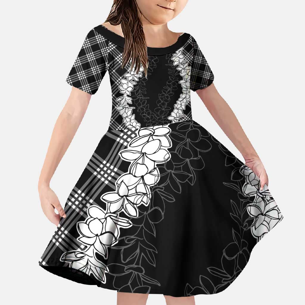 Hawaii Aloha Plumeria Lei Black Palaka Family Matching Long Sleeve Bodycon Dress and Hawaiian Shirt LT7 Daughter's Dress Black - Polynesian Pride