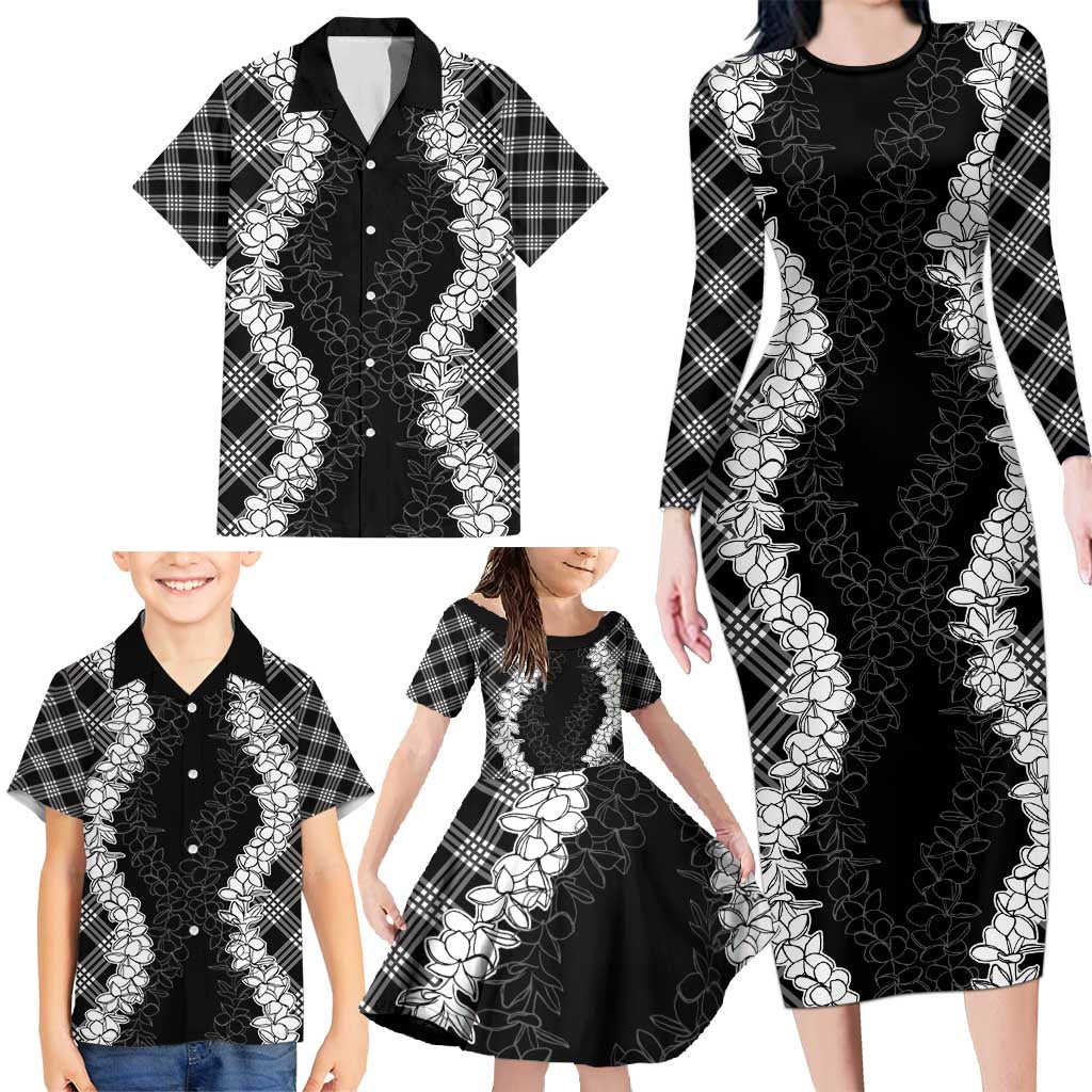 Hawaii Aloha Plumeria Lei Black Palaka Family Matching Long Sleeve Bodycon Dress and Hawaiian Shirt LT7 - Polynesian Pride