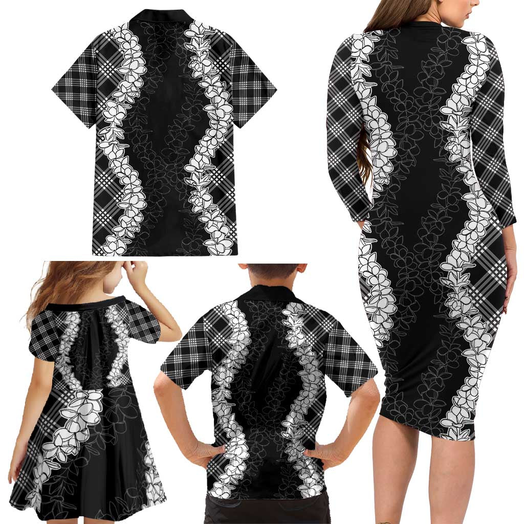 Hawaii Aloha Plumeria Lei Black Palaka Family Matching Long Sleeve Bodycon Dress and Hawaiian Shirt LT7 - Polynesian Pride