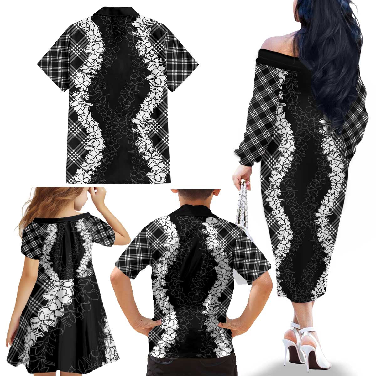Hawaii Aloha Plumeria Lei Black Palaka Family Matching Off The Shoulder Long Sleeve Dress and Hawaiian Shirt LT7 - Polynesian Pride