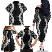 Hawaii Aloha Plumeria Lei Black Palaka Family Matching Off The Shoulder Long Sleeve Dress and Hawaiian Shirt LT7 - Polynesian Pride