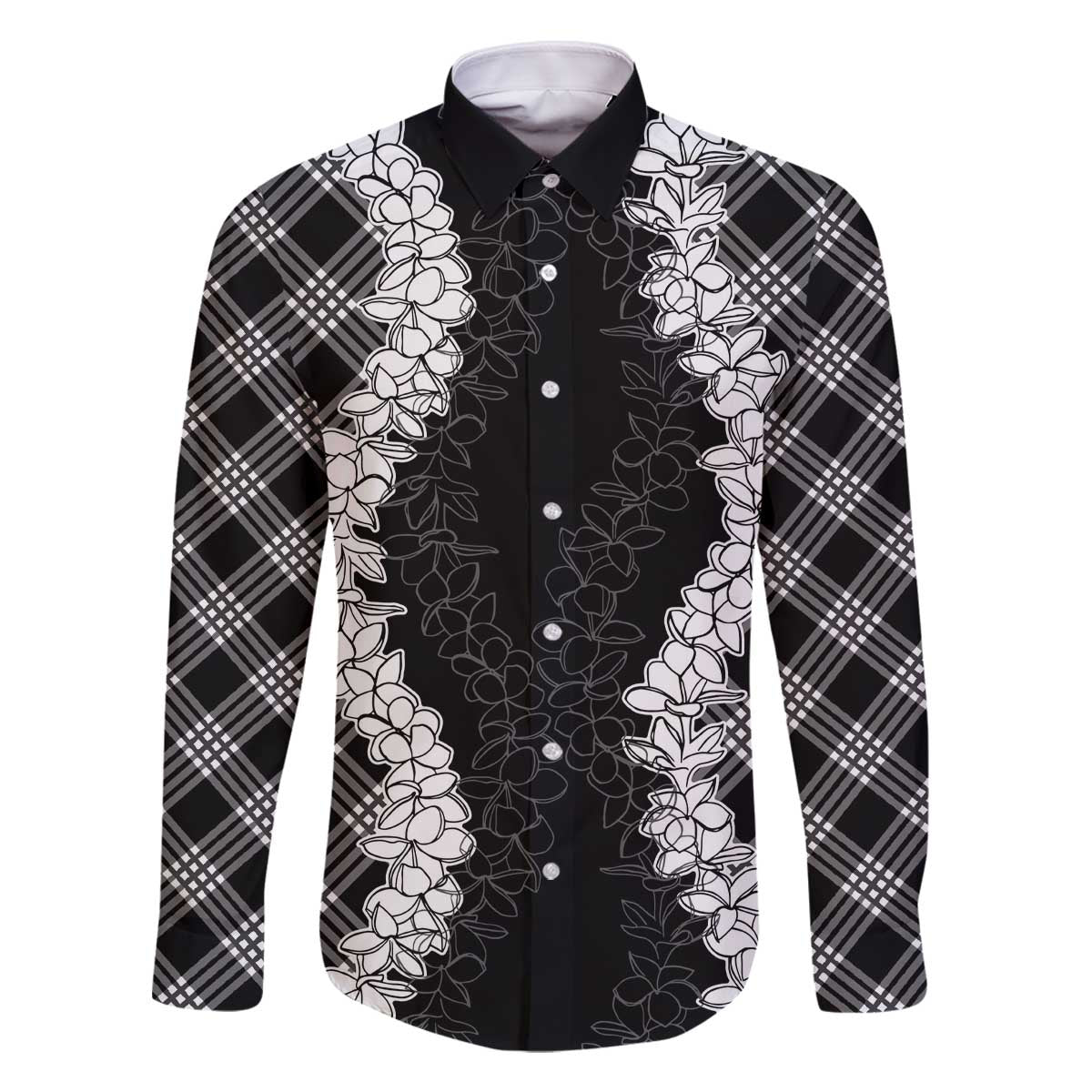 Hawaii Aloha Plumeria Lei Black Palaka Family Matching Off The Shoulder Long Sleeve Dress and Hawaiian Shirt LT7 Dad's Shirt - Long Sleeve Black - Polynesian Pride