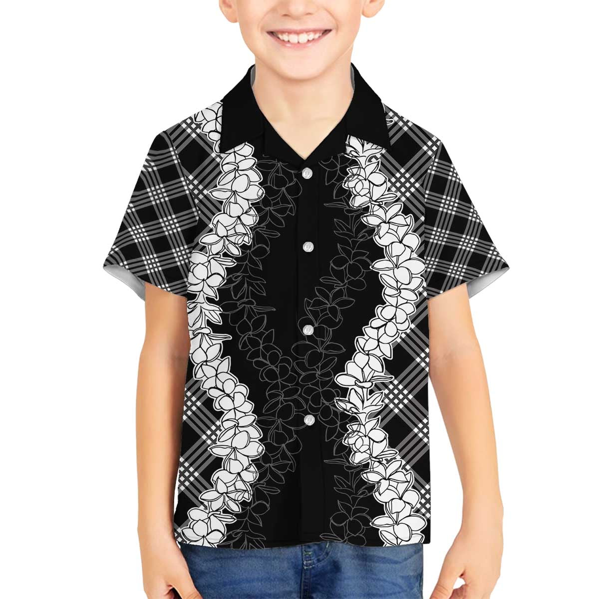 Hawaii Aloha Plumeria Lei Black Palaka Family Matching Off The Shoulder Long Sleeve Dress and Hawaiian Shirt LT7 Son's Shirt Black - Polynesian Pride