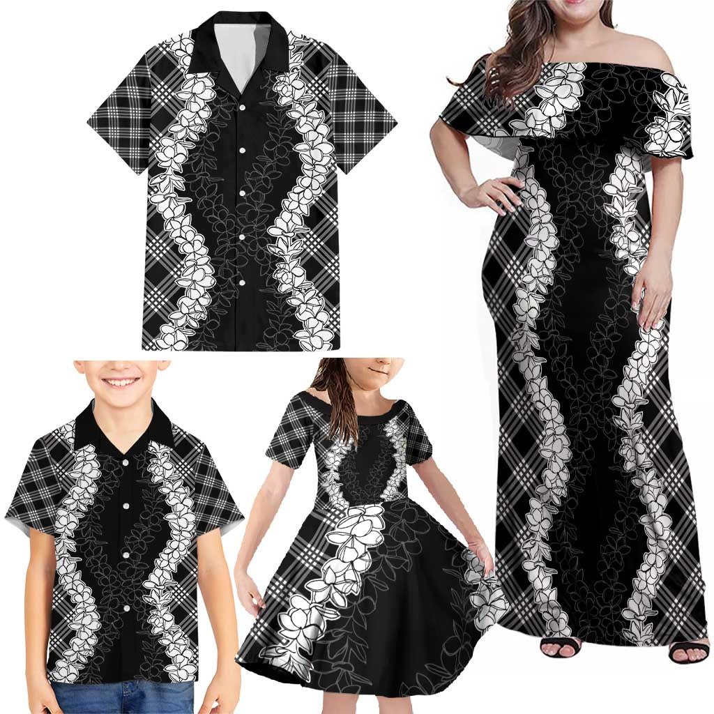Hawaii Aloha Plumeria Lei Black Palaka Family Matching Off Shoulder Maxi Dress and Hawaiian Shirt LT7 - Polynesian Pride