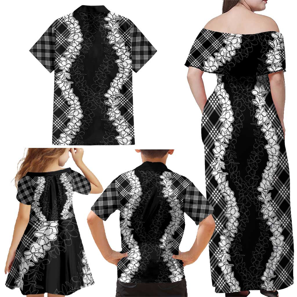 Hawaii Aloha Plumeria Lei Black Palaka Family Matching Off Shoulder Maxi Dress and Hawaiian Shirt LT7 - Polynesian Pride