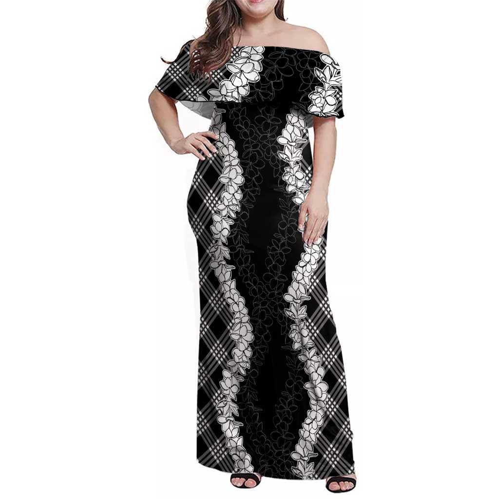 Hawaii Aloha Plumeria Lei Black Palaka Family Matching Off Shoulder Maxi Dress and Hawaiian Shirt LT7 Mom's Dress Black - Polynesian Pride