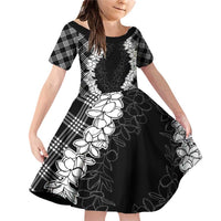 Hawaii Aloha Plumeria Lei Black Palaka Family Matching Off Shoulder Short Dress and Hawaiian Shirt LT7 Daughter's Dress Black - Polynesian Pride