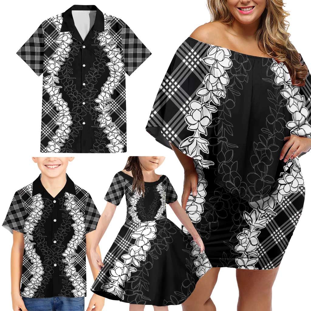 Hawaii Aloha Plumeria Lei Black Palaka Family Matching Off Shoulder Short Dress and Hawaiian Shirt LT7 - Polynesian Pride