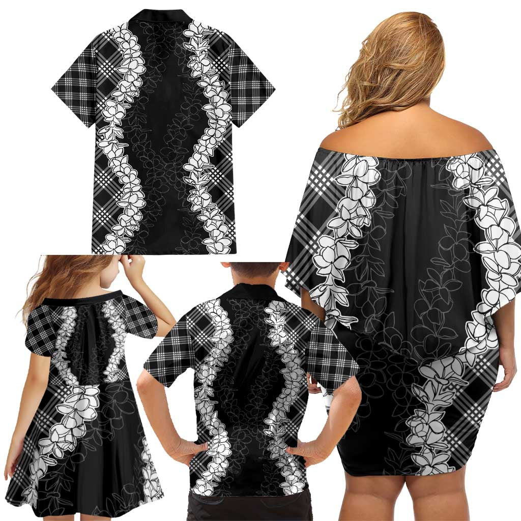 Hawaii Aloha Plumeria Lei Black Palaka Family Matching Off Shoulder Short Dress and Hawaiian Shirt LT7 - Polynesian Pride