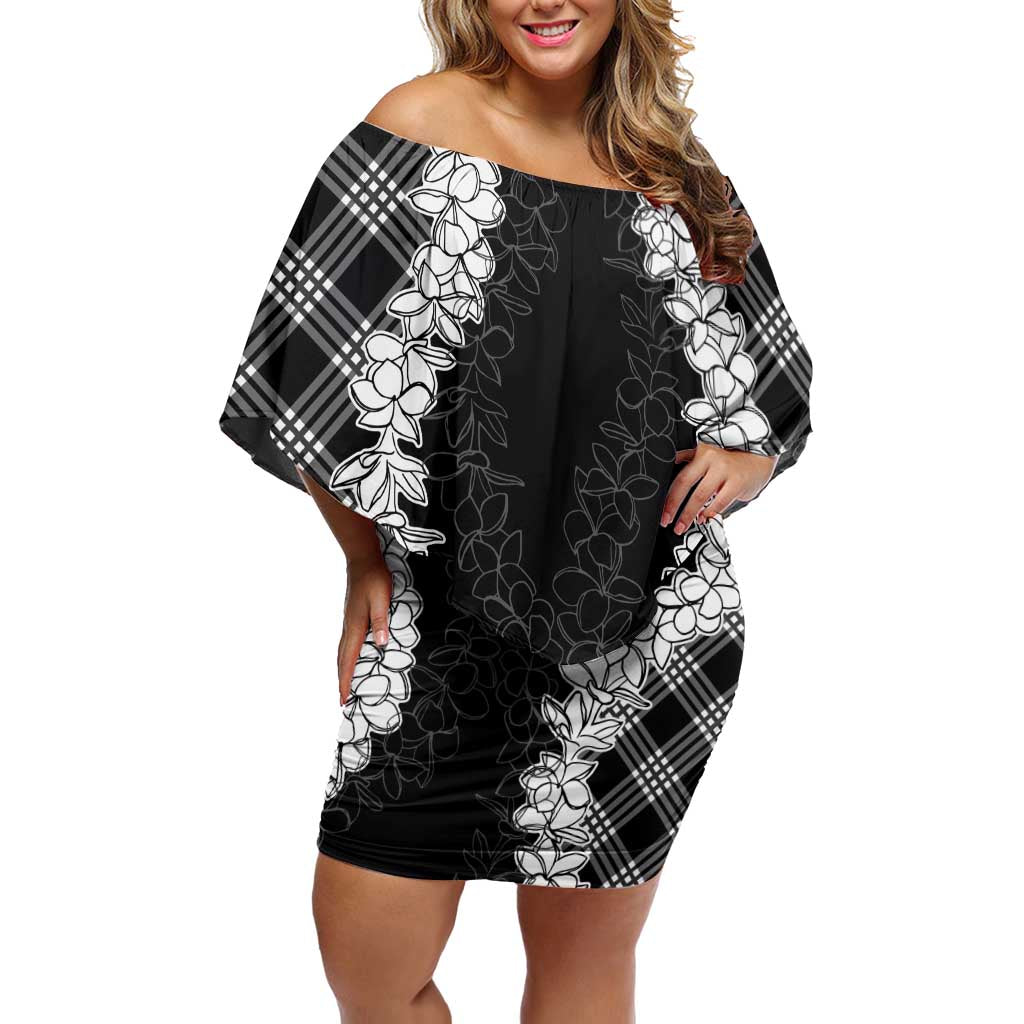 Hawaii Aloha Plumeria Lei Black Palaka Family Matching Off Shoulder Short Dress and Hawaiian Shirt LT7 Mom's Dress Black - Polynesian Pride