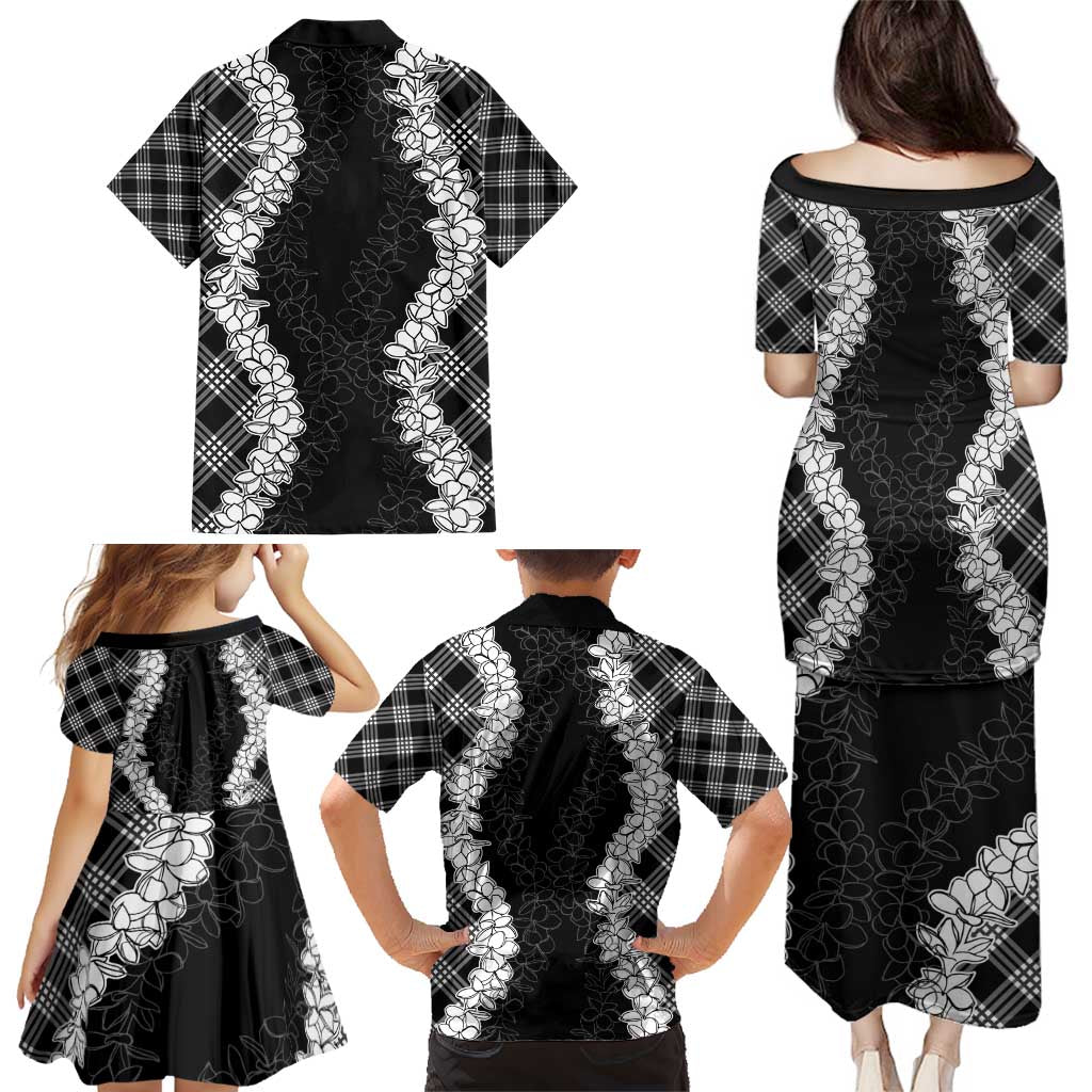 Hawaii Aloha Plumeria Lei Black Palaka Family Matching Puletasi and Hawaiian Shirt - Polynesian Pride