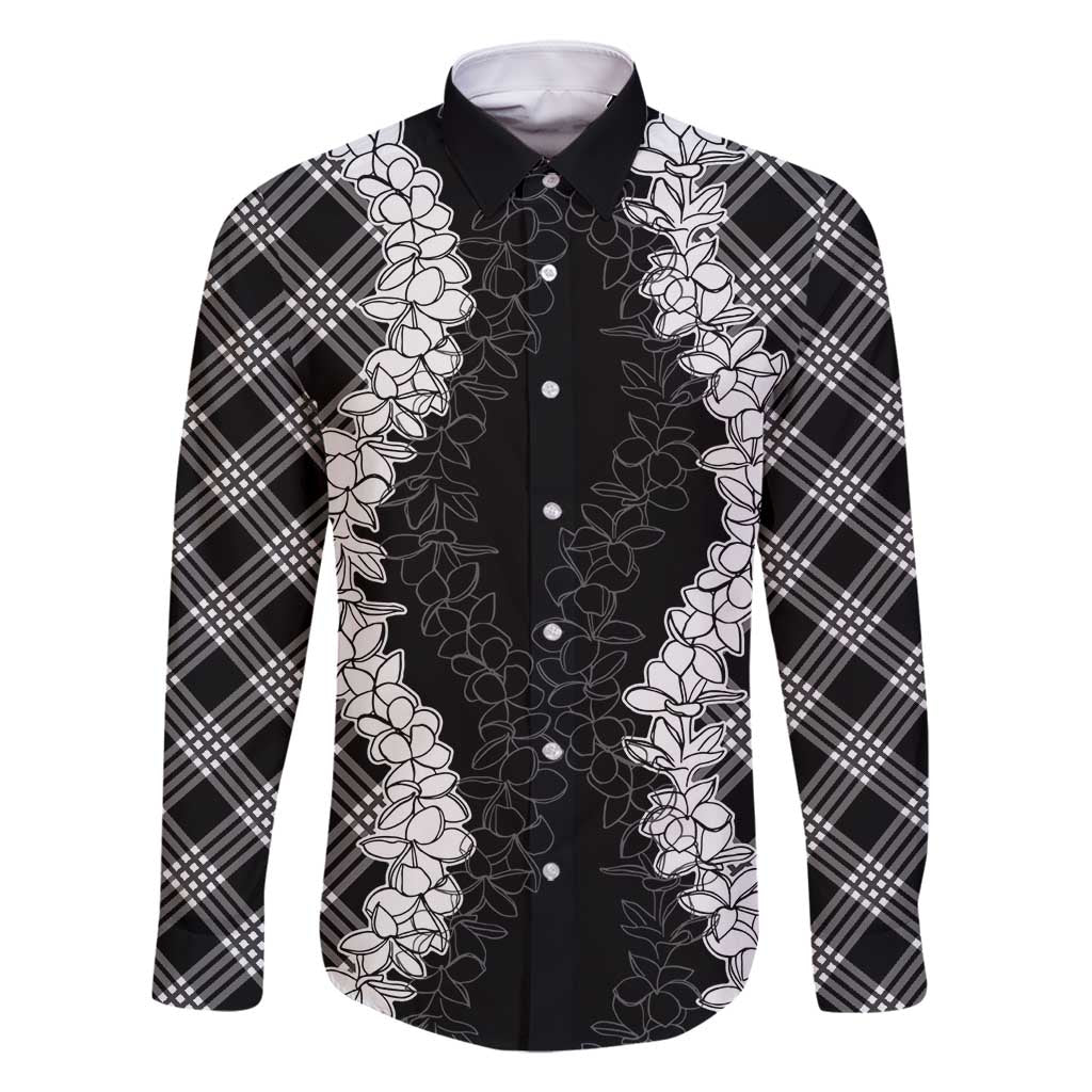 Hawaii Aloha Plumeria Lei Black Palaka Family Matching Summer Maxi Dress and Hawaiian Shirt LT7 Dad's Shirt - Long Sleeve Black - Polynesian Pride